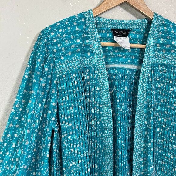 VTG Diane Freis Georgette Top XL Blue Teal Open Front Cardigan Jacket Accordion - Picture 4 of 6